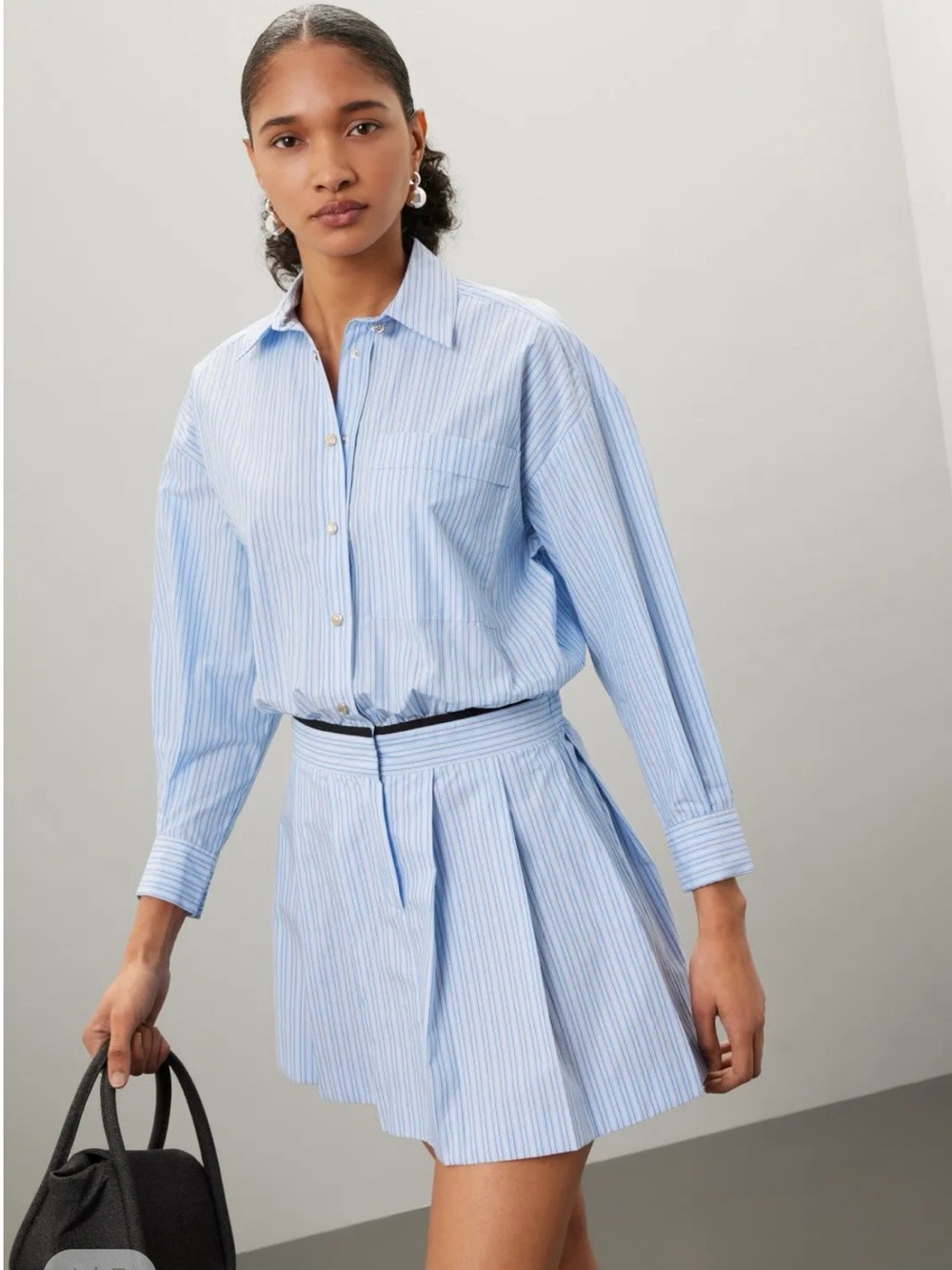 Maje Light Blue Cotton Pinstripe Mini Button Down Pleated ShirtDress Size 42 NWT